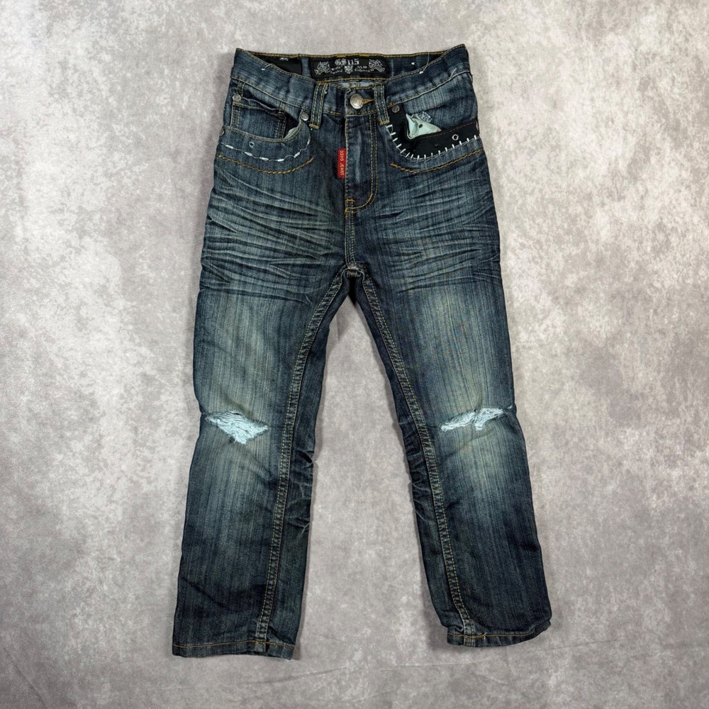 GS-115 Kids Jeans Size 6 Dark Wash Distressed Whipstitch Denim Retro Cowgirl